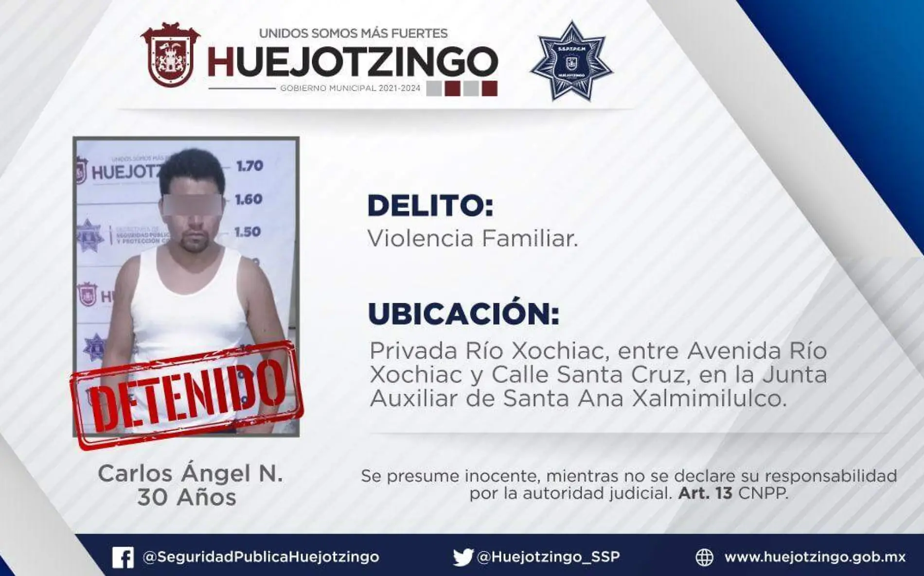 Policía de Huejotzingo detiene a masculino